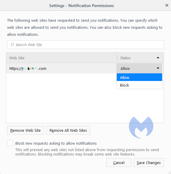 Web Site notifications settings