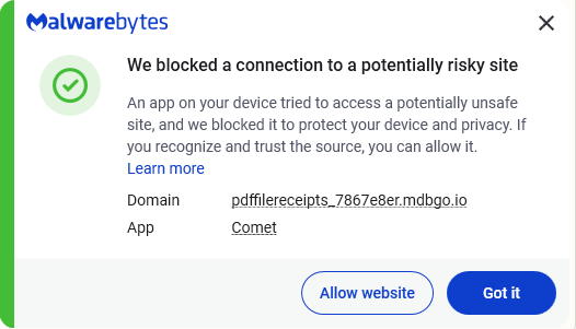 Malwarebytes mdbgo.io'yu engelliyor