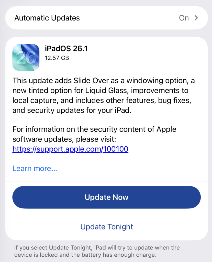 iPadOS 26.1 güncellenmeye hazır