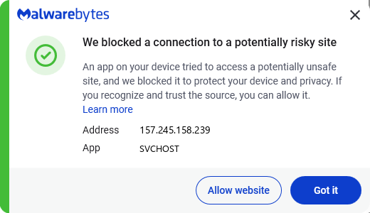 Malwarebytes blocks 157.245.158.239