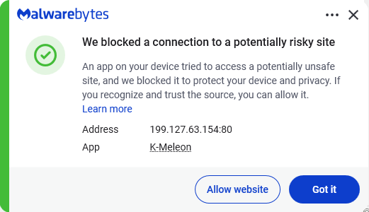 Malwarebytes blocks 199.127.63.154