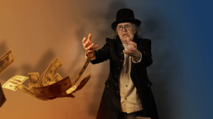 Scrooge running after lost money