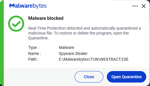 Malwarebytes blocks Spyware.Stealer