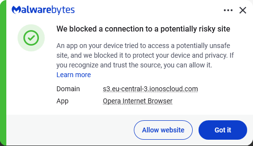 Malwarebytes blocks a ionoscloud.com subdomain