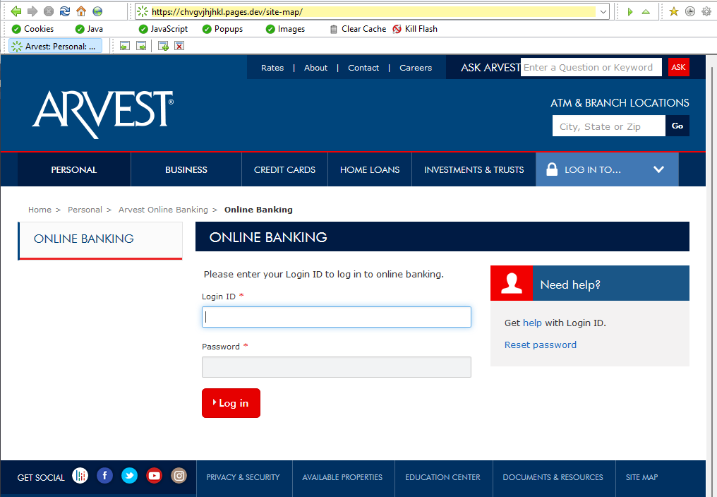 fake Arvest log in page