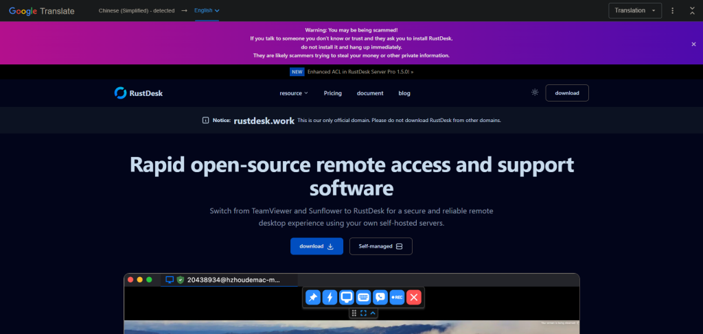 The fake site in English