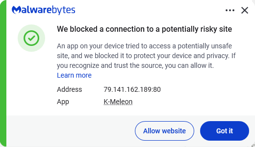 Malwarebytes blocks the IP 79.141.162.189