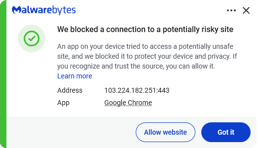 Malwarebytes blocks 103.224.182.251