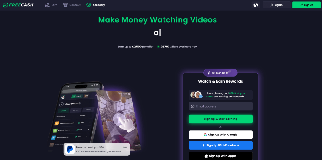 Freecash landing page