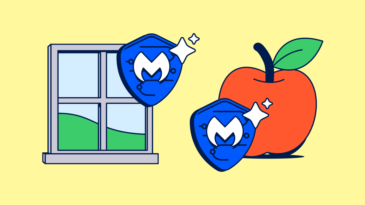 The logo for Malwarebytes Scam Guard placed in front of a Window and an apple