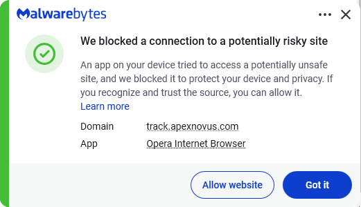 Malwarebytes blocks track.apexnovus.com