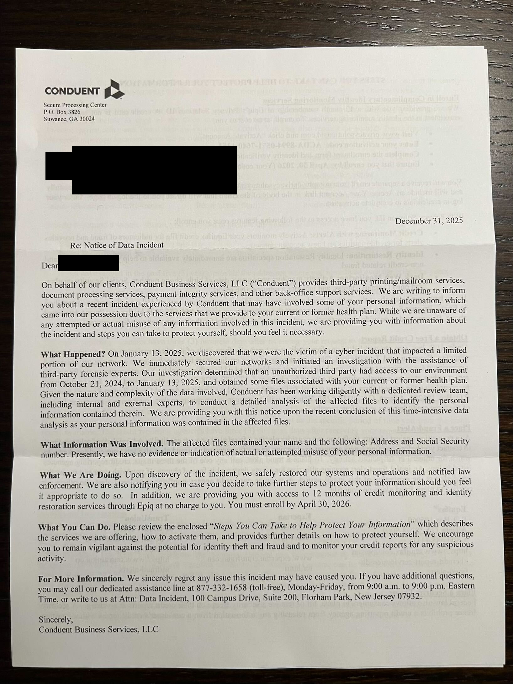 Conduent breach notification letter