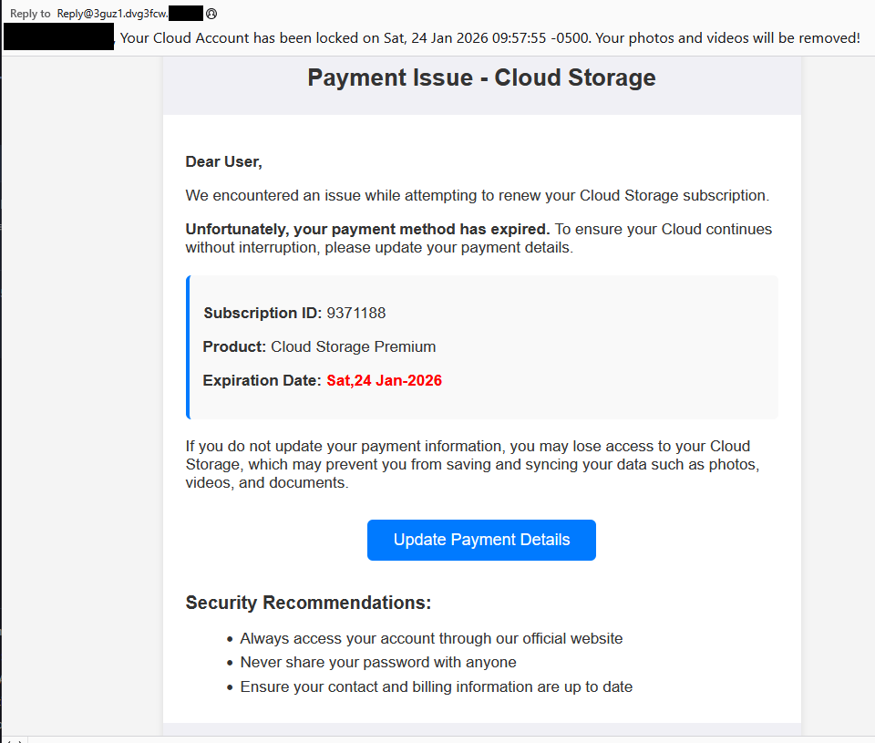 Cloud storage payment issue email