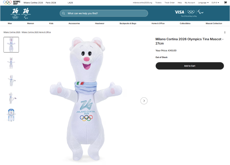 Real Olympic site showing Tina out of stock