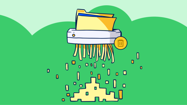 An illustration of a physical file shredding device, where the paper is being shred into pixelated bits and pieces