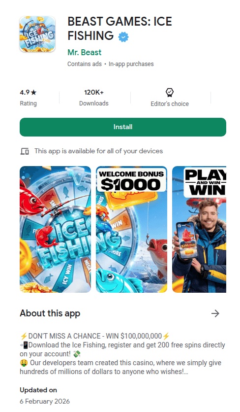 Fake Google Play page: BEAST GAMES: ICE FISHING by Mr. Beast