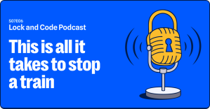 An illustrated padlock is mounted into a microphone stand with sound waves emitting from the device.