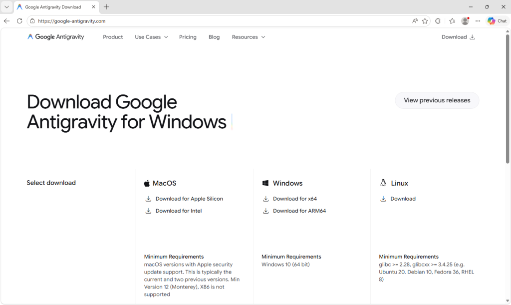 Homepage of the fake Google Antigravity for Windows site