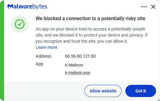 Malwarebytes blocks 66.56.80.121
