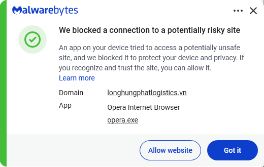 Malwarebytes blocks longhungphatlogistics[.]vn