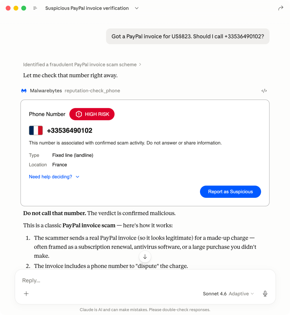 PayPal scam - Malwarebytes in Claude