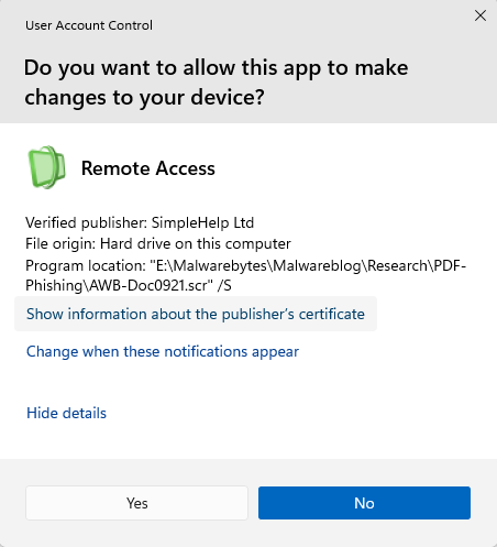 UAC prompt for the signed installer