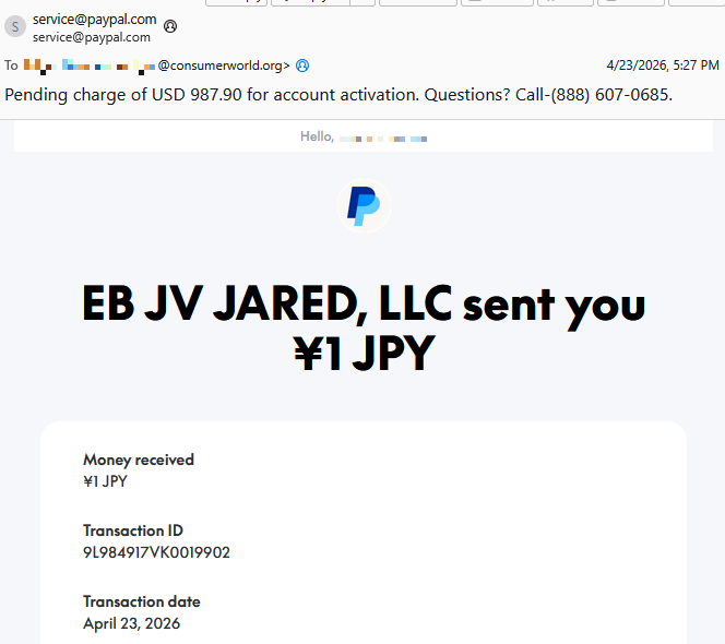 Screenshot email from PayPal scammers
