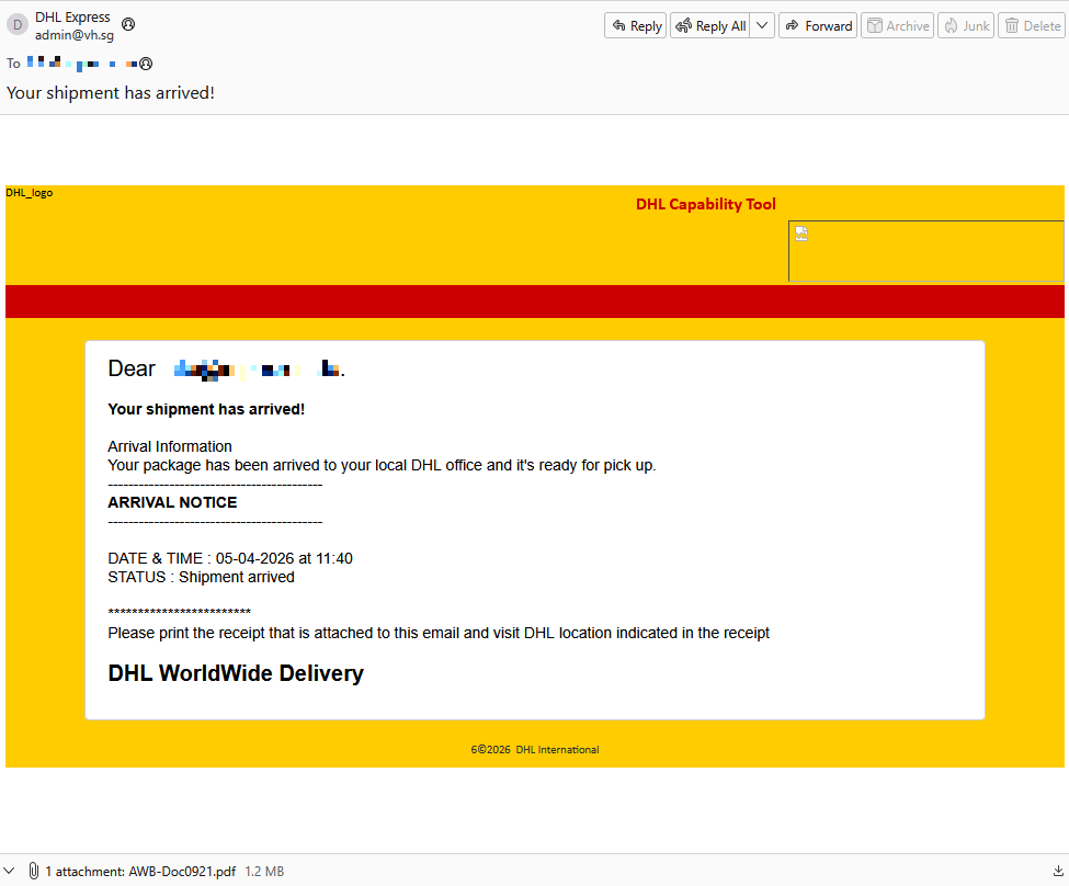Screenshot of email pretending to be from DHL