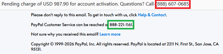 the fake and the real PayPal number