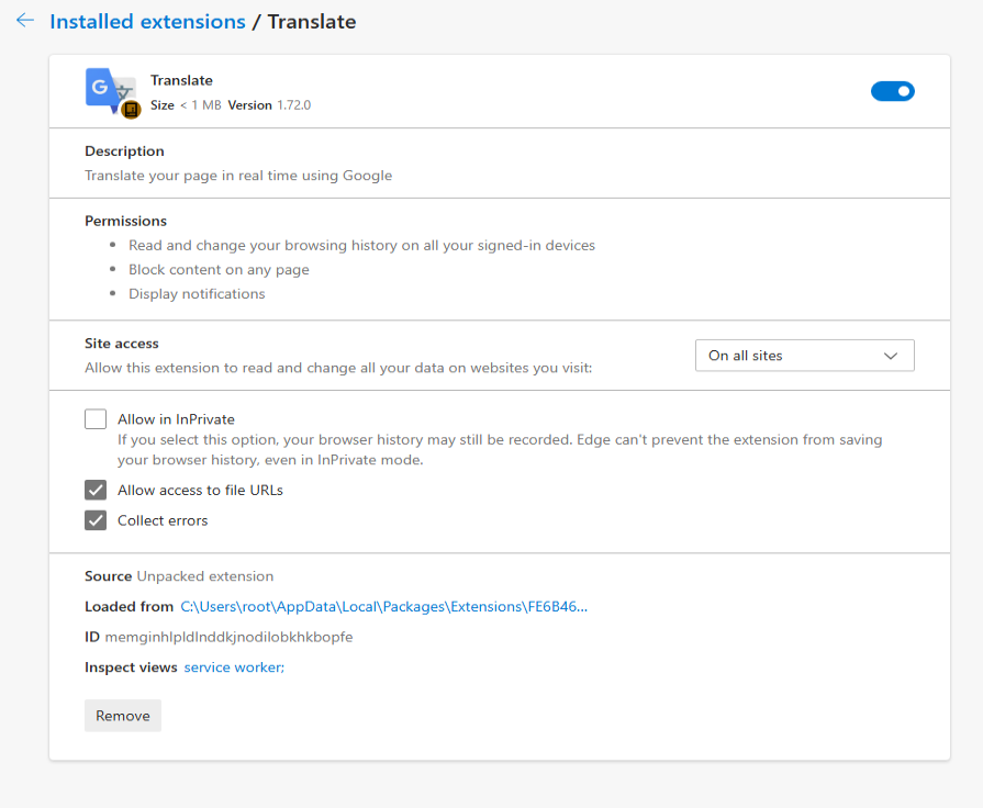 The fake malicious extension on Edge Browser