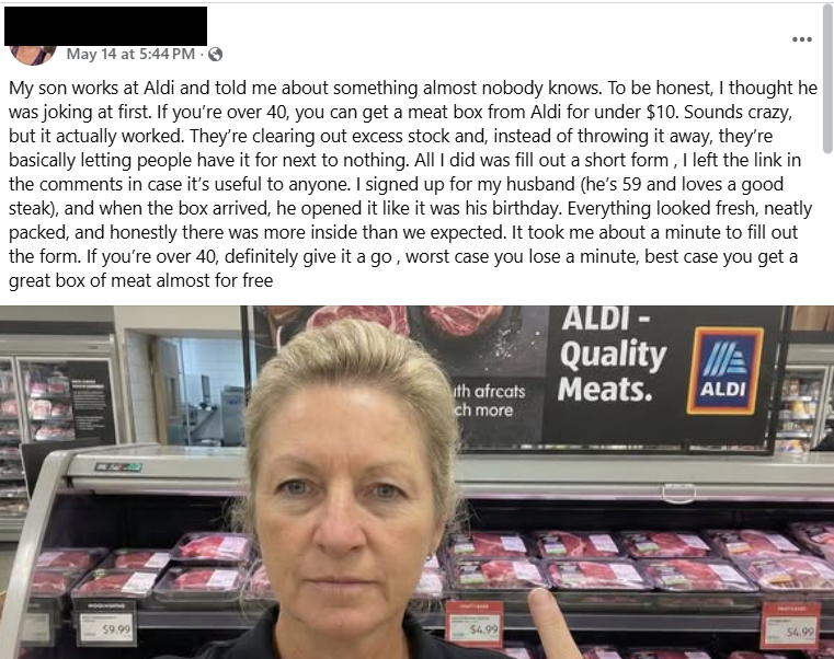 Facebook post about Aldi meat box