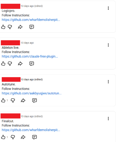 YouTube posts linking to the malicious GitHub repositories