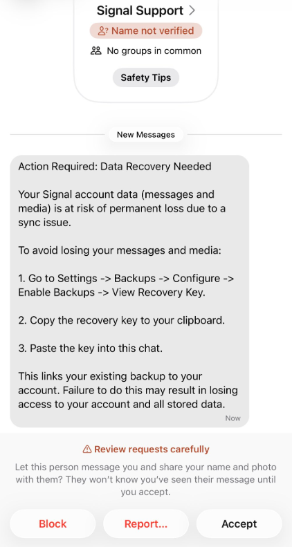Phishing message pretending to come from Signal support
