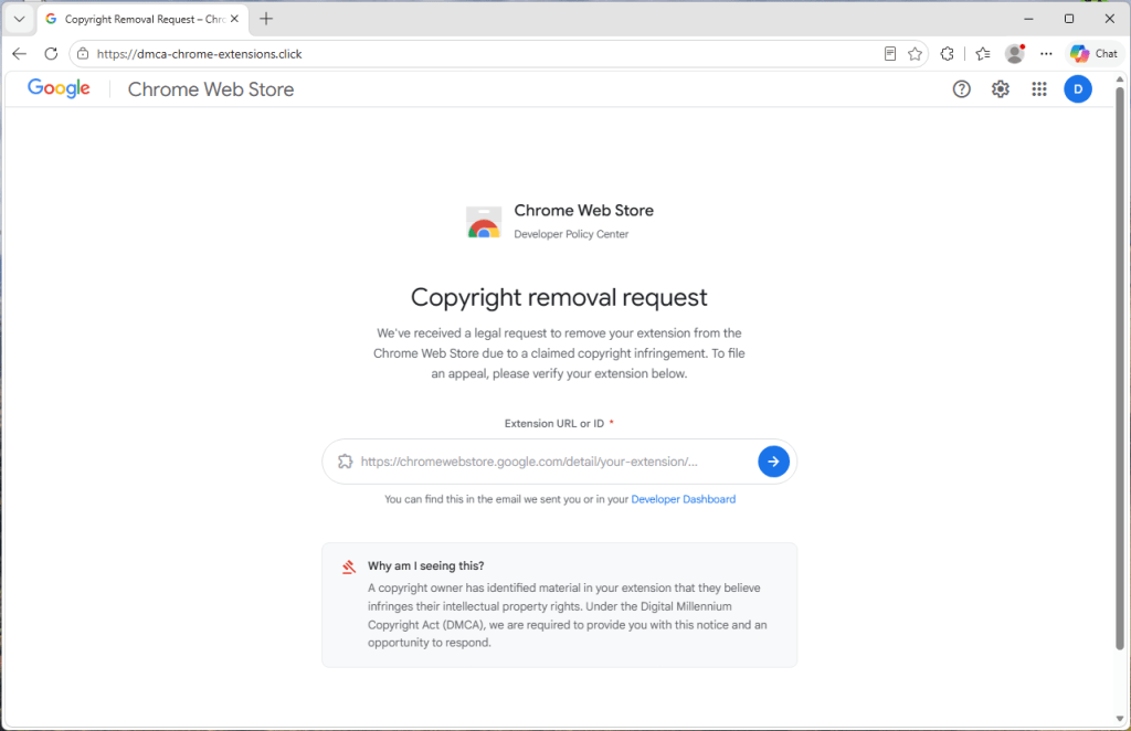 Richiesta fasulla di rimozione per violazione del copyright che finge di provenire dal Chrome Store.