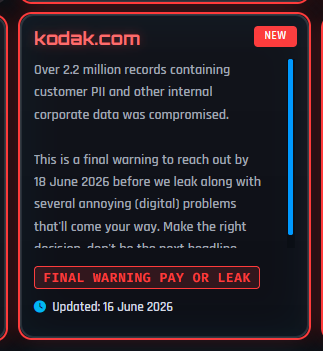 Kodak listed on ShinyHunters leak site