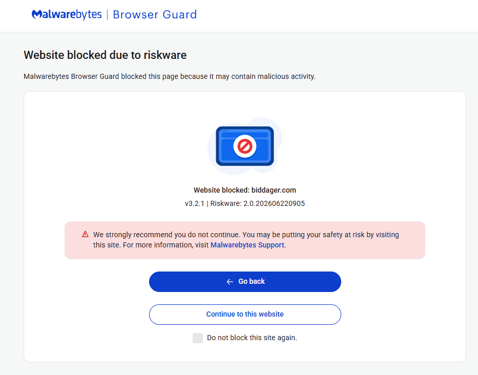 Malwarebytes blocks biddager.com