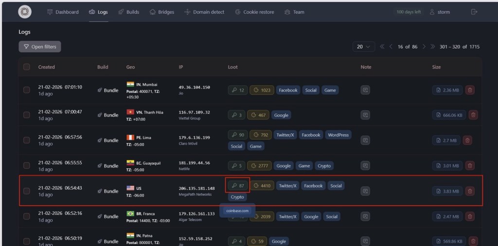 Painel de gestão do infostealer STORM