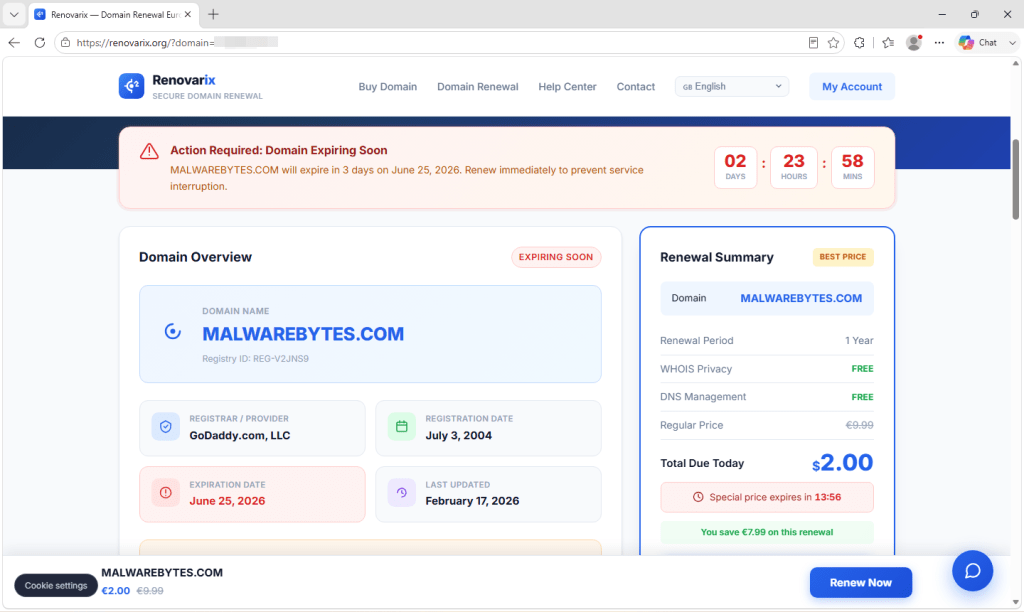 Fake renewal domain