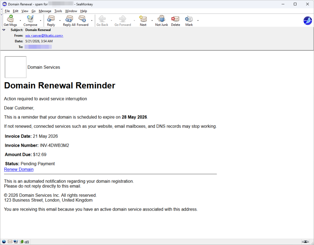 Fake renewal email