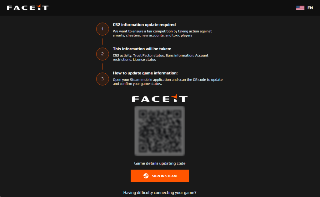 Поддельная страница FACEIT с размытым QR-кодом и кнопкой «Войти через Steam»