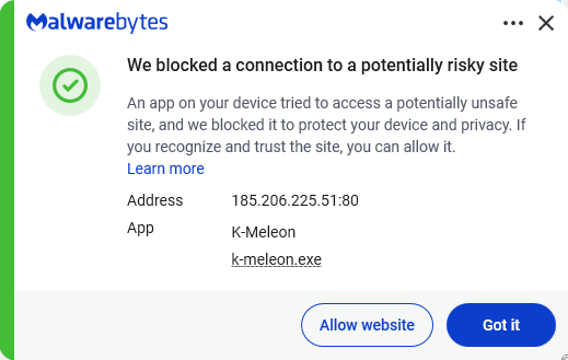 Malwarebytes blocks 185.206.225.51