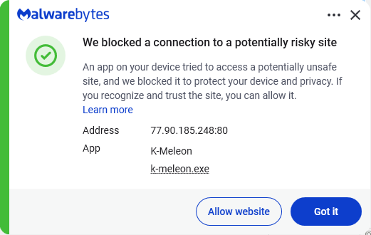 Malwarebytes blocks 77.90.185.248