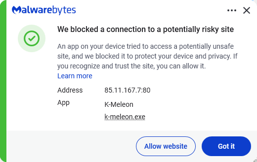 Malwarebytes blocks 85.11.167.7