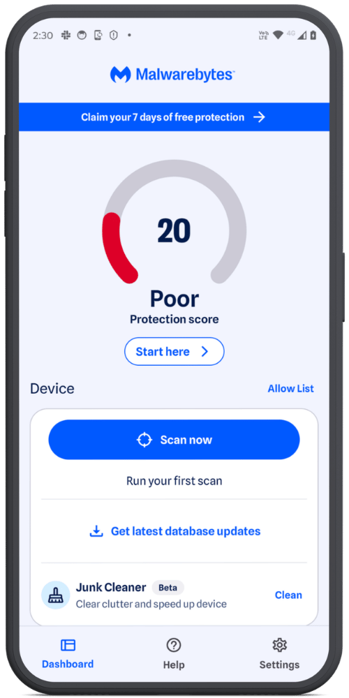 Malwarebytes Android: Pulpit nawigacyjny