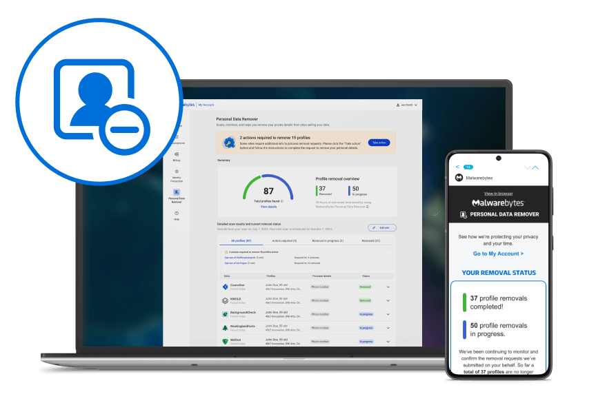 Malwarebytes Personal Data Remover interface showing digital footprint scan