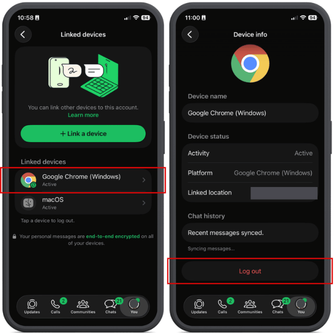 Linked devices on WhatsApp. Log out of any you don't recognize.