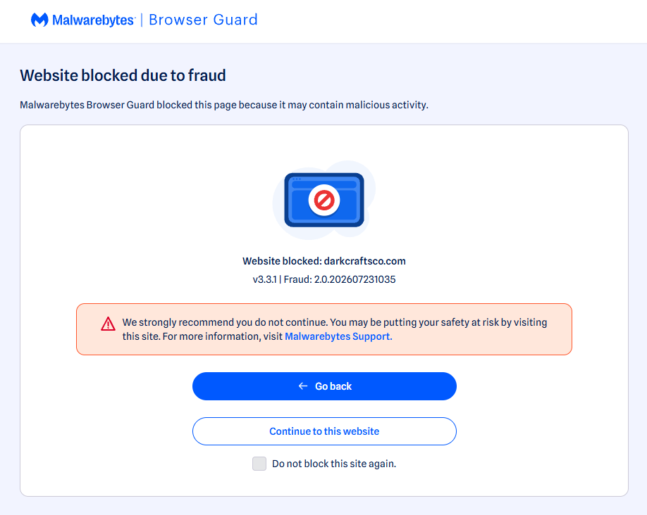 Browser Guard blocks the web shop due to likely fraud