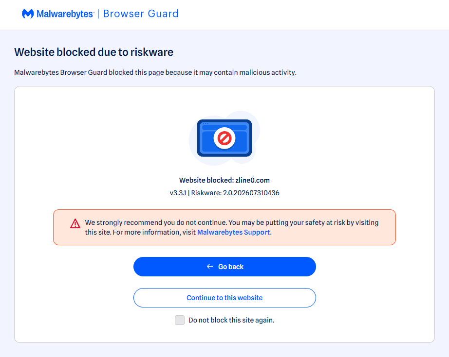 Malwarebytes blocks zline0.com