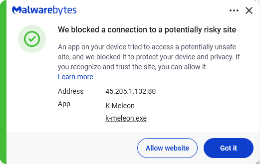 Malwarebytes blocks 45.205.1.132